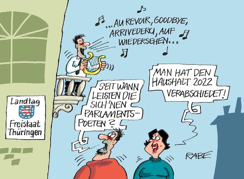 Cartoon: Auf Nimmerwiedersehen (medium) by RABE tagged landtag,thüringen,haushalt,verabschiedung,ramelow,erfurt,rabe,ralf,böhme,cartoon,karikatur,pressezeichnung,farbcartoon,tagescartoom,poet,parlamentspoet,einigung,landtag,thüringen,haushalt,verabschiedung,ramelow,erfurt,rabe,ralf,böhme,cartoon,karikatur,pressezeichnung,farbcartoon,tagescartoom,poet,parlamentspoet,einigung