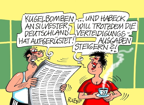 Cartoon: Aufrüstung (medium) by RABE tagged silvester,silvesterfeier,neujahr,rabe,ralf,böhme,cartoon,karikatur,pressezeichnung,farbcartoon,tagescartoon,musical,theater,jahresrückblick,habeck,aufrüstung,verteidigung,verteidigungsausgaben,kugelbombe,silvesternacht,ausgaben,steigerung,silvester,silvesterfeier,neujahr,rabe,ralf,böhme,cartoon,karikatur,pressezeichnung,farbcartoon,tagescartoon,musical,theater,jahresrückblick,habeck,aufrüstung,verteidigung,verteidigungsausgaben,kugelbombe,silvesternacht,ausgaben,steigerung