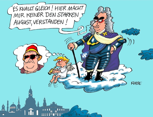 Cartoon: August der Starke hochdeutsch (medium) by RABE tagged dresden,lka,sachsen,mitarbeiter,demo,hinderung,pegida,afd,kamerateam,frontal,zdf,rabe,ralf,böhme,cartoon,karikatur,pressezeichnung,farbcartoon,tagescartoon,august,der,starke,wolke,engel,fernrohrskyline,dresden,lka,sachsen,mitarbeiter,demo,hinderung,pegida,afd,kamerateam,frontal,zdf,rabe,ralf,böhme,cartoon,karikatur,pressezeichnung,farbcartoon,tagescartoon,august,der,starke,wolke,engel,fernrohrskyline