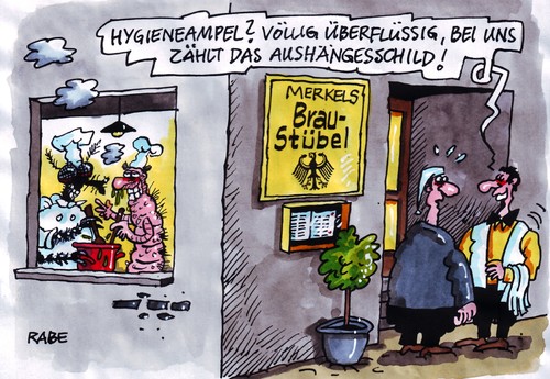 Cartoon: Aushängeschild (medium) by RABE tagged merkel,cdu,kanzlerin,bundesregierung,fdp,koalition,schwarzgelb,regierungsarbeit,bürger,steuerzahler,hygiene,hygieneampel,hygienevorschriften,hotel,gastgewerbe,gasthof,gasthaus,gaststätte,brauhaus,braustübel,ausschank,wirt,inhaber,kellner,ober,bedienung,küche,gastraum,koch,küchenchef,picobello,aushängeschild,werbung,schaukasten,speisen,getränke,speisekarte,fliege,made,küchenschabe,schabe,ungeziefer,kammerjäger,wirtschaft,wirtschaftsminister,rösler,merkel,cdu,kanzlerin,bundesregierung,fdp,koalition,hygiene,hygieneampel,gastgewerbe,gasthof,gasthaus,hygienevorschriften,gastronomie