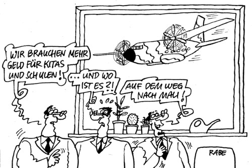 Cartoon: Auslandseinsatz (medium) by RABE tagged mali,auslandseinsatz,bundeswehr,soldaten,islamisten,kaninett,westafrika,rabe,ralf,böhme,cartoon,karikatur,transportmaschine,miliräreinsatz,transall,transallmaschine,schule,kita,erzieherinnen,lehrer,bildung,bildungswesen,gelder,euro,mali,auslandseinsatz,bundeswehr,soldaten,islamisten,kaninett,westafrika,rabe,ralf,böhme,cartoon,karikatur,transportmaschine,miliräreinsatz,transall,transallmaschine,schule,kita,erzieherinnen,lehrer,bildung,bildungswesen,gelder,euro