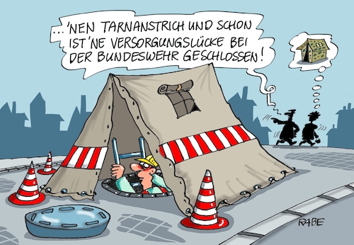 Cartoon: Ausrüstung (medium) by RABE tagged bundeswehr,ausrüstung,mängel,von,der,leyen,verteidigungsetat,verteidigungsministerin,soldaten,rabe,ralf,böhme,cartoon,karikatur,pressezeichnung,farbcartoon,tagescartoon,zelte,schutzwesten,winterbekleidung,nato,straßenbau,tiefbau,bundeswehr,ausrüstung,mängel,von,der,leyen,verteidigungsetat,verteidigungsministerin,soldaten,rabe,ralf,böhme,cartoon,karikatur,pressezeichnung,farbcartoon,tagescartoon,zelte,schutzwesten,winterbekleidung,nato,straßenbau,tiefbau