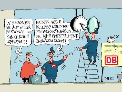 Cartoon: Bahn Maßnahmepaket (medium) by RABE tagged db,dgl,tarif,tarifstreit,tarifverhandlungen,weselsky,bahnchefs,lohnforderungen,streik,rabe,ralf,böhme,cartoon,karikatur,pressezeichnung,fabcartoon,tagescartoon,maßnahmepaket,verspätungen,pünktlichkeit,verkehrsminister,scheuer,bahnkunden,reisende,personalerweiterung,uhr,zeiger,leiter,db,dgl,tarif,tarifstreit,tarifverhandlungen,weselsky,bahnchefs,lohnforderungen,streik,rabe,ralf,böhme,cartoon,karikatur,pressezeichnung,fabcartoon,tagescartoon,maßnahmepaket,verspätungen,pünktlichkeit,verkehrsminister,scheuer,bahnkunden,reisende,personalerweiterung,uhr,zeiger,leiter