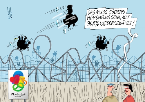 Cartoon: Bahnbrechendes (medium) by RABE tagged bayern,söder,ministerpräsident,csu,münchen,landtagswahl,rabe,ralf,böhme,cartoon,karikatur,pressezeichnung,farbcartoon,tagescartoon,kanzler,kanzlerkandidat,kanzlerkandidatur,kanzleramt,verzicht,absage,wiederwahl,parteivorsitz,bestätigung,amt,achterbahn,achterbahnfahrt,fahrgeschäft,wiesn,oktoberfest,spitzenergebnis,bayern,söder,ministerpräsident,csu,münchen,landtagswahl,rabe,ralf,böhme,cartoon,karikatur,pressezeichnung,farbcartoon,tagescartoon,kanzler,kanzlerkandidat,kanzlerkandidatur,kanzleramt,verzicht,absage,wiederwahl,parteivorsitz,bestätigung,amt,achterbahn,achterbahnfahrt,fahrgeschäft,wiesn,oktoberfest,spitzenergebnis