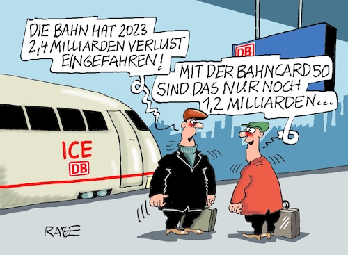 Cartoon: Bahncard (medium) by RABE tagged bahn,db,bahnkunden,fahrpreis,fahrpreiserhöhung,rabe,ralf,böhme,cartoon,karikatur,pressezeichnung,farbcartoon,tagescartoon,schnellzug,bahnticket,schlusslicht,passagiere,bahnreisende,puffer,verspätung,bahncard,reisende,verluste,milliarden,schienennetz,bahnsteig,unpünktlichkeit,mängelliste,bahn,db,bahnkunden,fahrpreis,fahrpreiserhöhung,rabe,ralf,böhme,cartoon,karikatur,pressezeichnung,farbcartoon,tagescartoon,schnellzug,bahnticket,schlusslicht,passagiere,bahnreisende,puffer,verspätung,bahncard,reisende,verluste,milliarden,schienennetz,bahnsteig,unpünktlichkeit,mängelliste