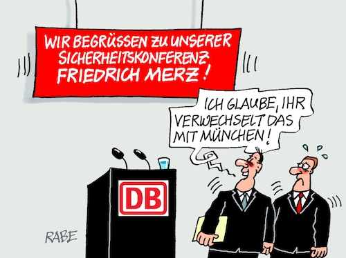 Cartoon: Bahnsicherheit (medium) by RABE tagged merz,kanzler,koalition,union,spd,klingbeil,cartoon,karikatur,pressezeichnung,farbcartoon,tagescartoon,bürokratie,verwaltung,beamte,modernisierung,monster,drachen,schwert,holzschwert,nägel,säge,bahn,db,sicherheit,sicherheitskonferenz,berlin,münchen,msc,bahnvorstand,bahnmitarbeiter,schaffner,bodycam,verwechslung,rede,rednerpult,merz,kanzler,koalition,union,spd,klingbeil,cartoon,karikatur,pressezeichnung,farbcartoon,tagescartoon,bürokratie,verwaltung,beamte,modernisierung,monster,drachen,schwert,holzschwert,nägel,säge,bahn,db,sicherheit,sicherheitskonferenz,berlin,münchen,msc,bahnvorstand,bahnmitarbeiter,schaffner,bodycam,verwechslung,rede,rednerpult