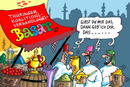 Cartoon: Basar (medium) by RABE tagged basar,thüringen,landtagswahl,koalitionsverhandlungen,ramelow,lieberknecht,cdu,linke,spd,grüne,rotrotgrün,bausewin,rabe,ralf,böhme,cartoon,karikatur,pressezeichnug,farbcartoon,tagescartoon,orient,händler,moschee,wunderlampe,markt,basar,thüringen,landtagswahl,koalitionsverhandlungen,ramelow,lieberknecht,cdu,linke,spd,grüne,rotrotgrün,bausewin,rabe,ralf,böhme,cartoon,karikatur,pressezeichnug,farbcartoon,tagescartoon,orient,händler,moschee,wunderlampe,markt