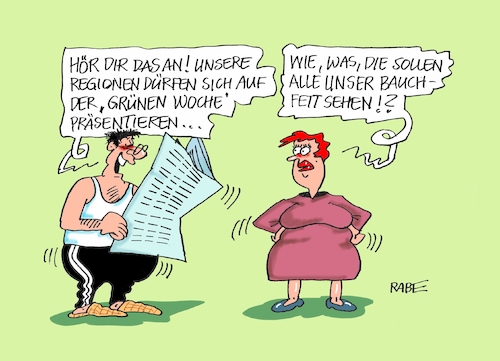 Cartoon: Bauchfettregion (medium) by RABE tagged grüne,woche,berlin,verbrauchermesse,messestand,gesunde,ernährung,rabe,ralf,böhme,agrar,cartoons,karikatur,pressezeichnung,farbcartoon,tagescartoon,agrarministerin,julia,glöckner,bauern,viehzüchter,landwirte,nahrung,genuß,regionen,bauchfett,speckgürtel,grüne,woche,berlin,verbrauchermesse,messestand,gesunde,ernährung,rabe,ralf,böhme,agrar,cartoons,karikatur,pressezeichnung,farbcartoon,tagescartoon,agrarministerin,julia,glöckner,bauern,viehzüchter,landwirte,nahrung,genuß,regionen,bauchfett,speckgürtel