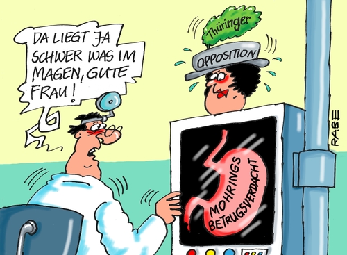 Cartoon: Bauchschmerzen (medium) by RABE tagged ramelow,mohring,thüringen,landtag,debatte,cdu,linke,erfurt,rabe,ralf,böhme,cartoon,karikatur,pressezeichnung,farbcartoon,tagescartoon,kommunen,städte,gemeinden,weimar,ermittlungsverfahren,betrug,betrugsverdacht,abgeordnetenimmunität,mitgliederverzeichnis,manipulation,wahlkreis,oppositionsführer,ramelow,mohring,thüringen,landtag,debatte,cdu,linke,erfurt,rabe,ralf,böhme,cartoon,karikatur,pressezeichnung,farbcartoon,tagescartoon,kommunen,städte,gemeinden,weimar,ermittlungsverfahren,betrug,betrugsverdacht,abgeordnetenimmunität,mitgliederverzeichnis,manipulation,wahlkreis,oppositionsführer