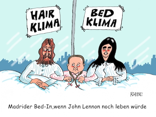 Cartoon: Bed In in Madrid (medium) by RABE tagged klimawandel,umwelt,umweltministerin,schulze,sp,klimapreis,heizung,auto,rabe,ralf,böhme,cartoon,karikatur,pressezeichnung,farbcartoon,tagescartoon,brücke,bettler,verkehr,klimaprämie,friday,for,future,greta,thunberg,madrid,klimagipfel,bedin,bed,in,amsterdam,hilton,hiltonhotel,john,lennon,joko,ono,beatles,klimawandel,umwelt,umweltministerin,schulze,sp,klimapreis,heizung,auto,rabe,ralf,böhme,cartoon,karikatur,pressezeichnung,farbcartoon,tagescartoon,brücke,bettler,verkehr,klimaprämie,friday,for,future,greta,thunberg,madrid,klimagipfel,bedin,bed,in,amsterdam,hilton,hiltonhotel,john,lennon,joko,ono,beatles