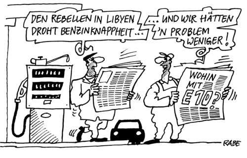 Cartoon: Benzinknappheit (medium) by RABE tagged benzingipfel,benzinknappheit,benzinhersteller,biosprit,e10,tankstelle,aral,bp,esso,shell,zapfpistole,zapfsäule,bundesregierung,kanzlerin,wirtschaftsminister,brüderle,fdp,cdu,mineralölkonzerne,autoindustrie,automobilbranche,adac,ölmultis,benzin,super,diesel,tankwart,zeitung,auto,pkw,rebellen,libyen,probleme,gaddafi,euro,krise,e10,10,wirtschaftsminister,brüderle,koalition,bundesregierung,merkel,benzingipfel