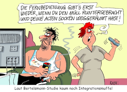 Cartoon: Bertelsmannstudie (medium) by RABE tagged bertelsmann,studie,bertelsmannstudie,umfrage,integration,integrationsmuffel,mann,frau,socken,müll,tv,fernbedienung,rabe,ralf,böhme,cartoon,karikatur,pressezeichnung,farbcartoon,tagescartoon,flüchtlinge,flüchtlingskrise,muslime,bundestagswahl,obergrenze,merkel,kanzlerin,bertelsmann,studie,bertelsmannstudie,umfrage,integration,integrationsmuffel,mann,frau,socken,müll,tv,fernbedienung,rabe,ralf,böhme,cartoon,karikatur,pressezeichnung,farbcartoon,tagescartoon,flüchtlinge,flüchtlingskrise,muslime,bundestagswahl,obergrenze,merkel,kanzlerin