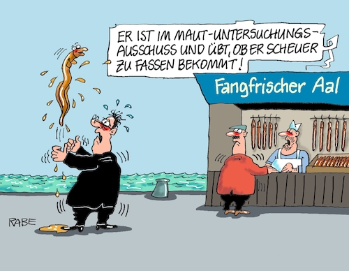 Cartoon: Bescheuerter Aal (medium) by RABE tagged maut,untersuchungsausschuß,dobrindt,schauer,andi,autobahnen,betreiber,millionen,rabe,ralf,böhme,cartoon,karikatur,pressezeichnung,farbcartoon,tagescartoon,aal,fisch,meer,fangfrisch,handy,handydaten,bertaerverträge,betreiberb,betreiberverträge,verkehrsminister,bundesverkehrsminister,ostsee,maut,untersuchungsausschuß,dobrindt,schauer,andi,autobahnen,betreiber,millionen,rabe,ralf,böhme,cartoon,karikatur,pressezeichnung,farbcartoon,tagescartoon,aal,fisch,meer,fangfrisch,handy,handydaten,bertaerverträge,betreiberb,betreiberverträge,verkehrsminister,bundesverkehrsminister,ostsee