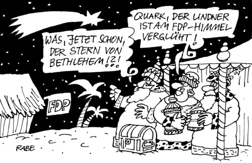 Cartoon: Bethlehem (medium) by RABE tagged fdp,generalsekretär,lindner,rücktritt,schwarzgelb,koalition,umfragewerte,bundesregierung,rösler,westerwelle,liberale,parteichef,umfragetief,wählerstimmen,krise,bethlehem,stern,himmel,heilige,drei,könige,bibel,jesuskind,krippe,parteichef,liberale,fdp,rösler,lindner,westerwelle,rücktritt,umfragetief