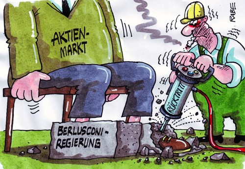 Cartoon: Betonschuhe (medium) by RABE tagged berlusconi,italien,rücktritt,bunga,euro,eu,eurokrise,schuldenkrise,rom,regierung,rai,reformgesetz,silvio,regierungschef,giorgio,napolitano,stabilitätsgesetz,parlamentsmehrheit,mafia,betonschuhe,beton,presslufthammer,aktien,aktienmarkt,börse,anleger,dax,dowjones,bauarbeiter,tiefbau,berlusconi,italien,rücktritt,bunga,euro,eu,eurokrise,schuldenkrise,rom,regierung,rai