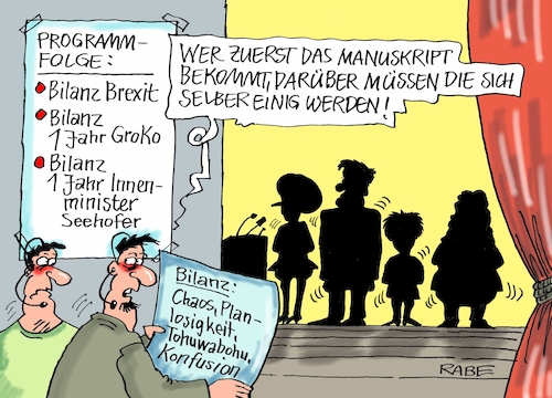 Cartoon: Bilanz in bewegenden Bildern (medium) by RABE tagged brexit,eu,insel,may,britten,austritt,rabe,ralf,böhme,cartoon,karikatur,pressezeichnung,farbcartoon,tagescartoon,plan,referendum,februar,groko,koalition,spd,union,cdu,innenminister,seehofer,innnenministerium,bundesregierung,akk,nahles,chaos,planlosigkeit,unordnung,tohuwabohu,konfusion,brüssel,juncker,brexit,eu,insel,may,britten,austritt,rabe,ralf,böhme,cartoon,karikatur,pressezeichnung,farbcartoon,tagescartoon,plan,referendum,februar,groko,koalition,spd,union,cdu,innenminister,seehofer,innnenministerium,bundesregierung,akk,nahles,chaos,planlosigkeit,unordnung,tohuwabohu,konfusion,brüssel,juncker