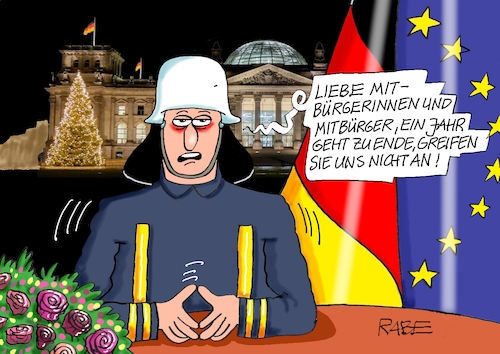 Cartoon: Bitte nicht angreifen (medium) by RABE tagged silvester,neujahr,jahresbeginn,prosit,rutsch,feuerwerk,böller,neujahrsansprache,silvesteransprache,rabe,ralf,böhme,cartoon,karikatur,pressezeichnung,farbcartoon,tagescartoon,tv,rede,alexa,amazon,feuerwehr,polizei,angriffe,gewalt,terror,silvester,neujahr,jahresbeginn,prosit,rutsch,feuerwerk,böller,neujahrsansprache,silvesteransprache,rabe,ralf,böhme,cartoon,karikatur,pressezeichnung,farbcartoon,tagescartoon,tv,rede,alexa,amazon,feuerwehr,polizei,angriffe,gewalt,terror