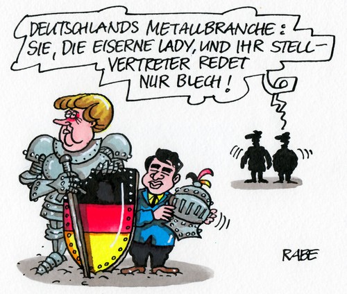 Cartoon: Blechredner (medium) by RABE tagged merkel,kanzlerin,cdu,bundesregierung,bond,eurobonds,eu,eurokrise,eurogipfel,brüssel,finanzchefs,fiskalpakt,schuldenkrise,regierungserklärung,staatsverschuldung,eurozone,rettungsschirm,griechenland,spanien,rösler,blech,fdp,liberale,wirtschaftsminister,stellvertreter,rüstung,ritter,eisen,ritterrüstung,schild,schwert,helm,visier,lady,metall,metallbranche