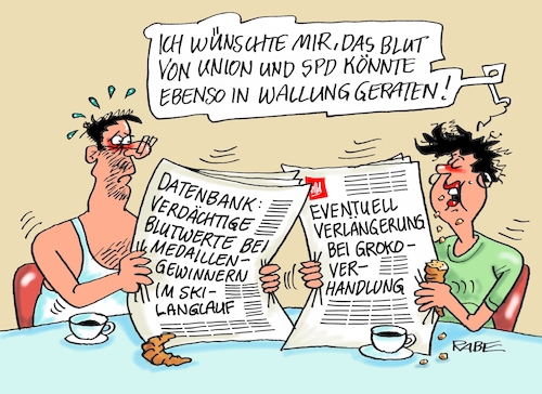 Cartoon: Blutwerte (medium) by RABE tagged sonderparteitag,spd,martin,schulz,ja,groko,koalitionsverhandlungen,rabe,ralf,böhme,cartoon,karikatur,pressezeichnung,farbcartoon,tagescartoon,merkel,union,koalitionsgespräche,koalition,neuwahlen,minderheitsregierung,afd,zeitung,doping,blutwerte,bluttestswintersportler,ard,südkorea,winterspiele,skilangläufer,medaillengewinner,verlängerung,sonderparteitag,spd,martin,schulz,ja,groko,koalitionsverhandlungen,rabe,ralf,böhme,cartoon,karikatur,pressezeichnung,farbcartoon,tagescartoon,merkel,union,koalitionsgespräche,koalition,neuwahlen,minderheitsregierung,afd,zeitung,doping,blutwerte,bluttestswintersportler,ard,südkorea,winterspiele,skilangläufer,medaillengewinner,verlängerung