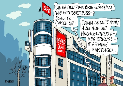 Cartoon: Briefaufschlitzer (medium) by RABE tagged sonderparteitag,spd,martin,koalitionsverhandlungen,rabe,ralf,böhme,cartoon,karikatur,pressezeichnung,farbcartoon,tagescartoon,merkel,union,koalitionsgespräche,groko,thron,tante,nahles,aufstieg,mitglieder,votum,abstimmung,stufe,steigbügelhalter,willy,brandt,haus,berlin,hochleistungsschlitzmaschine,sonderparteitag,spd,martin,koalitionsverhandlungen,rabe,ralf,böhme,cartoon,karikatur,pressezeichnung,farbcartoon,tagescartoon,merkel,union,koalitionsgespräche,groko,thron,tante,nahles,aufstieg,mitglieder,votum,abstimmung,stufe,steigbügelhalter,willy,brandt,haus,berlin,hochleistungsschlitzmaschine