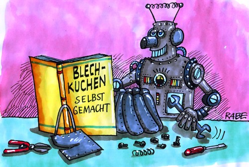 Cartoon: Buchmesse (medium) by RABE tagged buchmesse,frankfurt,blech,blechkuchen,kochbücher,backbücher,messestand,buch,roboter,blechkollege,kuchenform,backform,schrauben,metall,buchmesse,frankfurt,blech,blechkuchen,kochbücher,backbücher,messestand,buch,roboter,blechkollege,kuchenform,backform,schrauben,metall