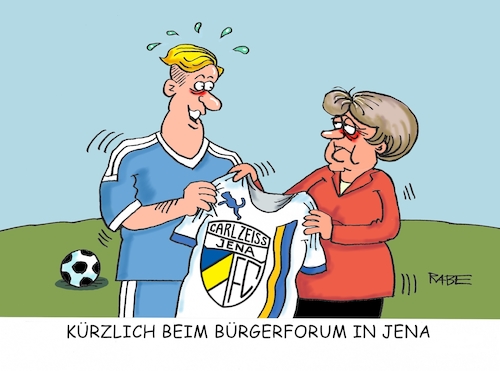 Cartoon: Bürgerforum Jena (medium) by RABE tagged merkel,kanzlerin,bundestag,befragung,fragestunde,rede,antwort,parteien,abgeordnete,rabe,ralf,böhme,cartoon,karikatur,pressezeichnung,farbcartoon,tagescartoon,bürgerforum,bürgerfragestunde,jena,thüringen,fußball,trikot,fußballtrikot,fc,carl,zeiss,foto,fotosession,erdogan,özil,fragen,polittalk,flüchtlinge,enrgiewende,putin,afd,fußballliga,drittligist,drittliga,absteiger,merkel,kanzlerin,bundestag,befragung,fragestunde,rede,antwort,parteien,abgeordnete,rabe,ralf,böhme,cartoon,karikatur,pressezeichnung,farbcartoon,tagescartoon,bürgerforum,bürgerfragestunde,jena,thüringen,fußball,trikot,fußballtrikot,fc,carl,zeiss,foto,fotosession,erdogan,özil,fragen,polittalk,flüchtlinge,enrgiewende,putin,afd,fußballliga,drittligist,drittliga,absteiger