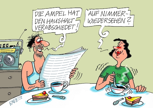 Cartoon: Bundeshaushalt (medium) by RABE tagged ampelregierung,scholz,spd,grüne,fdp,lindner,kinder,kindergrundsicherung,rabe,ralf,böhme,cartoon,karikatur,pressezeichnung,farbcartoon,tagescartoon,hausmeister,ohren,zähne,haushalt,bundeshaushalt,haushaltsloch,verabschiedung,nimmerwiedersehen,ehepaar,frühstück,radio,ampelregierung,scholz,spd,grüne,fdp,lindner,kinder,kindergrundsicherung,rabe,ralf,böhme,cartoon,karikatur,pressezeichnung,farbcartoon,tagescartoon,hausmeister,ohren,zähne,haushalt,bundeshaushalt,haushaltsloch,verabschiedung,nimmerwiedersehen,ehepaar,frühstück,radio