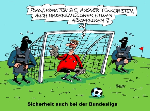 Cartoon: Bundesliga (medium) by RABE tagged schock,schockstarre,absageschock,fußball,bundesliga,stadion,absicherung,terroranschlag,islamisten,rabe,ralf,böhme,cartoon,karikatur,pressezeichnung,farbcartoon,tagescartoon,tor,torwart,spezialeinheit,scharfschützen,polizeischutz,schock,schockstarre,absageschock,fußball,bundesliga,stadion,absicherung,terroranschlag,islamisten,rabe,ralf,böhme,cartoon,karikatur,pressezeichnung,farbcartoon,tagescartoon,tor,torwart,spezialeinheit,scharfschützen,polizeischutz