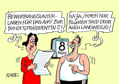 Cartoon: Bundespräsidentin jetzt (medium) by RABE tagged frauentag,frauen,achter,märz,glückwünsche,männer,kalender,blumen,rabe,ralf,böhme,cartoon,karikatur,pressezeichnung,farbcartoon,tagescartoon,ki,intelligenz,chatgpt,roboter,hausarbeit,putzen,waschen,steinmeier,bundespräsident,bundespräsidentin,gleichstellung,gleichberechtigung,frauenpower,bewerbung,bewerbungsunterlagen,frauentag,frauen,achter,märz,glückwünsche,männer,kalender,blumen,rabe,ralf,böhme,cartoon,karikatur,pressezeichnung,farbcartoon,tagescartoon,ki,intelligenz,chatgpt,roboter,hausarbeit,putzen,waschen,steinmeier,bundespräsident,bundespräsidentin,gleichstellung,gleichberechtigung,frauenpower,bewerbung,bewerbungsunterlagen