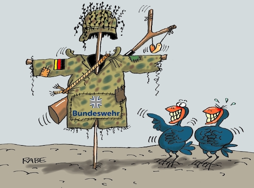 Cartoon: Bundeswehr (medium) by RABE tagged bundeswehr,armee,soldaten,verteidigung,verteidigungsministerin,ursula,von,der,leyen,verteidigungsbereitschaft,einsatzfähigkeit,heer,rabe,ralf,böhme,cartoon,karikatur,pressezeichnung,farbcartoon,tagescartoon,uschi,vogel,vogelscheuche,feld,acker,uniform,katapult,wehrbeauftragter,bundeswehr,armee,soldaten,verteidigung,verteidigungsministerin,ursula,von,der,leyen,verteidigungsbereitschaft,einsatzfähigkeit,heer,rabe,ralf,böhme,cartoon,karikatur,pressezeichnung,farbcartoon,tagescartoon,uschi,vogel,vogelscheuche,feld,acker,uniform,katapult,wehrbeauftragter