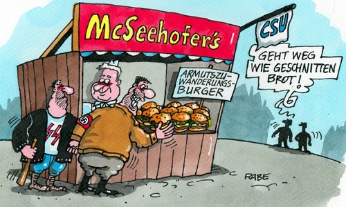 Cartoon: Burgerzuwanderer (medium) by RABE tagged seehofer,csu,bayern,zuwanderung,armut,armutzuwanderung,zuwanderungsdebatte,ausländer,rumänen,bulgaren,eu,brüssel,arbeitsplätze,fachkräfte,rabe,ralf,böhme,cartoon,karikatur,pressezeichnung,farbcartoon,imbiss,burger,hamburger,fastfood,brot,essen,neonazi,nazi,nsu,rechte,glatzen,springerstiefel,seehofer,csu,bayern,zuwanderung,armut,armutzuwanderung,zuwanderungsdebatte,ausländer,rumänen,bulgaren,eu,brüssel,arbeitsplätze,fachkräfte,rabe,ralf,böhme,cartoon,karikatur,pressezeichnung,farbcartoon,imbiss,burger,hamburger,fastfood,brot,essen,neonazi,nazi,nsu,rechte,glatzen,springerstiefel