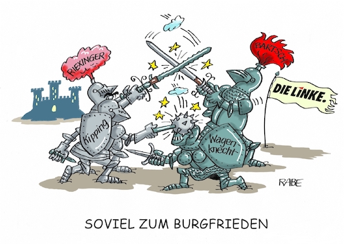 Cartoon: Burgfrieden (medium) by RABE tagged linke,potsdam,führungsspitze,grabenkämpfe,wagenknecht,riexinger,kipping,bartsch,führungsposition,parteiaustritt,rabe,ralf,böhme,cartoon,karikatur,pressezeichnung,farbcartoon,tagescartoon,ritter,burg,burgfrieden,schwert,dolch,morgenstern,schild,zweikampf,visier,linke,potsdam,führungsspitze,grabenkämpfe,wagenknecht,riexinger,kipping,bartsch,führungsposition,parteiaustritt,rabe,ralf,böhme,cartoon,karikatur,pressezeichnung,farbcartoon,tagescartoon,ritter,burg,burgfrieden,schwert,dolch,morgenstern,schild,zweikampf,visier