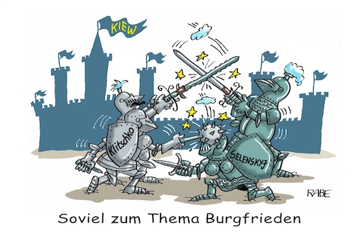 Cartoon: Burgfrieden (medium) by RABE tagged ukrainekrieg,selenskyj,klitschkow,burgfrieden,rabe,ralf,böhme,cartoon,karikatur,tagescartoon,ritter,burg,zweikampf,duell,streitkolben,schwert,stromausfall,ukrainekrieg,selenskyj,klitschkow,burgfrieden,rabe,ralf,böhme,cartoon,karikatur,tagescartoon,ritter,burg,zweikampf,duell,streitkolben,schwert,stromausfall