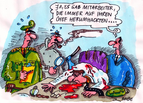 Cartoon: Chefschreibtisch (medium) by RABE tagged mobbing,chef,schreibtisch,arbeitsplatz,geld,euro,lohn,gehalt,polizei,tatort,verbrechen,mord,mordwaffe,kommissar,kripo,gefängnis,messer,axt,beil,blut,täter,mörder,verbrecher,gerichtdmedizin,mobbing,arbeitsplatz,arbeit,job