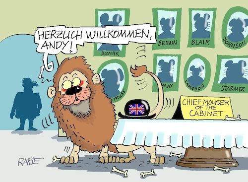 Cartoon: Chiefmouser (medium) by RABE tagged merz,kanzler,koalition,union,spd,klingbeil,cartoon,karikatur,pressezeichnung,farbcartoon,tagescartoon,db,bahn,frühling,frühjahr,frühjahrsputz,ice,zug,blumenkasten,blumenkästen,esc,songcontest,premier,london,england,kabinett,löwe,maus,mäuse,chiefmouser,cabinet,knochen,bilder,bildergalerie,andy,burnham,starmer,sunak,truss,johnson,may,cameron,brown,blair,merz,kanzler,koalition,union,spd,klingbeil,cartoon,karikatur,pressezeichnung,farbcartoon,tagescartoon,db,bahn,frühling,frühjahr,frühjahrsputz,ice,zug,blumenkasten,blumenkästen,esc,songcontest,premier,london,england,kabinett,löwe,maus,mäuse,chiefmouser,cabinet,knochen,bilder,bildergalerie,andy,burnham,starmer,sunak,truss,johnson,may,cameron,brown,blair