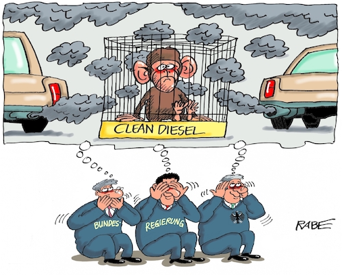 Cartoon: Clean Diesel II (medium) by RABE tagged diesel,vw,skandaal,dobrindt,autobauer,rabe,ralf,böhme,cartoon,karikatur,pressezeichnung,farbcartoon,tagescartoon,innenstadt,fahrverbot,bmw,mercedes,autobosse,autokonzerne,konzernchefs,bundesregierung,kanzlerin,abgeordnete,parteien,umweltschutz,abgastest,dieselskandal,tiere,affen,tierversuche,tierschutz,versuchslabor,käfig,primaten,diesel,vw,skandaal,dobrindt,autobauer,rabe,ralf,böhme,cartoon,karikatur,pressezeichnung,farbcartoon,tagescartoon,innenstadt,fahrverbot,bmw,mercedes,autobosse,autokonzerne,konzernchefs,bundesregierung,kanzlerin,abgeordnete,parteien,umweltschutz,abgastest,dieselskandal,tiere,affen,tierversuche,tierschutz,versuchslabor,käfig,primaten