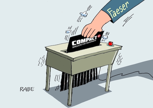 Cartoon: Compact (medium) by RABE tagged ampel,ampelregierung,rot,grün,gelb,fdp,spd,grüne,rabe,ralf,böhme,cartoon,karikatur,pressezeichnung,farbcartoon,tagescartoon,inflation,einkommen,einkommensplus,plus,rechte,afd,compact,magazin,verbot,index,nancy,faeser,reisswolf,ampel,ampelregierung,rot,grün,gelb,fdp,spd,grüne,rabe,ralf,böhme,cartoon,karikatur,pressezeichnung,farbcartoon,tagescartoon,inflation,einkommen,einkommensplus,plus,rechte,afd,compact,magazin,verbot,index,nancy,faeser,reisswolf