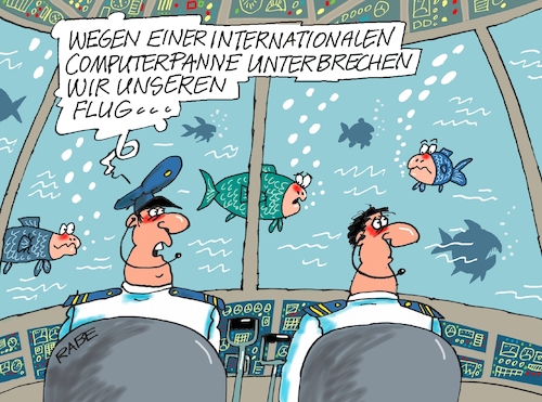 Cartoon: Computerpanne (medium) by RABE tagged computerpanne,computerausfall,crowdstrike,strike,rechner,internet,it,rabe,ralf,böhme,cartoon,karikatur,pressezeichnung,tagescartoon,flieger,cockpit,piloten,flugausfall,notlandung,wasserlandung,meer,fische,unterwasser,tiefsee,computerpanne,computerausfall,crowdstrike,strike,rechner,internet,it,rabe,ralf,böhme,cartoon,karikatur,pressezeichnung,tagescartoon,flieger,cockpit,piloten,flugausfall,notlandung,wasserlandung,meer,fische,unterwasser,tiefsee