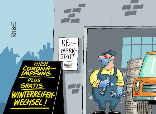 Cartoon: Coronaauswuchter (medium) by RABE tagged corona,bundländerkonferenz,merkel,kanzleramt,lockerungen,stufenplan,öffnungen,lockdown,shutdown,baumärkte,impfdosen,rki,fallzahlen,inzidenzwert,spahn,impfzentren,impfreihenfolge,notbremse,impfangebote,impfanreize,impfgegner,impfverweigerer,kfz,werkstatt,autowerkstatt,mechaniker,auto,pkw,schraubschlüssel,spritze,winterreifen,winterreifenwechsel,gratis,reifenwechsel,corona,bundländerkonferenz,merkel,kanzleramt,lockerungen,stufenplan,öffnungen,lockdown,shutdown,baumärkte,impfdosen,rki,fallzahlen,inzidenzwert,spahn,impfzentren,impfreihenfolge,notbremse,impfangebote,impfanreize,impfgegner,impfverweigerer,kfz,werkstatt,autowerkstatt,mechaniker,auto,pkw,schraubschlüssel,spritze,winterreifen,winterreifenwechsel,gratis,reifenwechsel