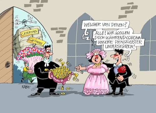 Cartoon: Coronahochzeit (medium) by RABE tagged virus,corona,pandemie,coronakrise,rabe,ralf,böhme,cartoon,karikatur,pressezeichnung,farbcartoon,tagescartoon,viren,virenschutz,mundschutz,desinfektion,föderal,föderalismus,ländersache,lockerungen,coronaregeln,dienstleister,juwelier,gärtner,blumemhändler,catering,weddingplanner,hochzeit,trauung,ringe,trauringe,braut,bräutigam,brautpaar,virus,corona,pandemie,coronakrise,rabe,ralf,böhme,cartoon,karikatur,pressezeichnung,farbcartoon,tagescartoon,viren,virenschutz,mundschutz,desinfektion,föderal,föderalismus,ländersache,lockerungen,coronaregeln,dienstleister,juwelier,gärtner,blumemhändler,catering,weddingplanner,hochzeit,trauung,ringe,trauringe,braut,bräutigam,brautpaar