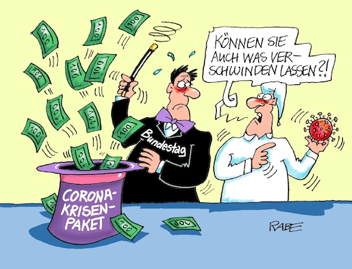 Cartoon: Coronamagie (medium) by RABE tagged virus,corona,pandemie,coronakrise,rabe,ralf,böhme,cartoon,karikatur,pressezeichnung,farbcartoon,tagescartoon,viren,virenschutz,mundschutz,desinfektion,föderal,föderalismus,ländersache,bundestag,michel,gelder,coronahilfspaket,hilfspaket,rettungsschirm,zauberer,magier,magie,euro,zauberstab,zylinder,krisenpaket,einigkeit,virus,corona,pandemie,coronakrise,rabe,ralf,böhme,cartoon,karikatur,pressezeichnung,farbcartoon,tagescartoon,viren,virenschutz,mundschutz,desinfektion,föderal,föderalismus,ländersache,bundestag,michel,gelder,coronahilfspaket,hilfspaket,rettungsschirm,zauberer,magier,magie,euro,zauberstab,zylinder,krisenpaket,einigkeit