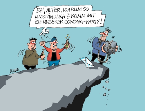 Cartoon: Coronaparty (medium) by RABE tagged virus,corona,pandemie,coronakrise,rabe,ralf,böhme,cartoon,karikatur,pressezeichnung,farbcartoon,tagescartoon,viren,virenschutz,mundschutz,desinfektion,föderal,föderalismus,ländersache,party,coronaparty,lebensmüde,abgrund,selbstmord,feiern,abfeiern,virus,corona,pandemie,coronakrise,rabe,ralf,böhme,cartoon,karikatur,pressezeichnung,farbcartoon,tagescartoon,viren,virenschutz,mundschutz,desinfektion,föderal,föderalismus,ländersache,party,coronaparty,lebensmüde,abgrund,selbstmord,feiern,abfeiern