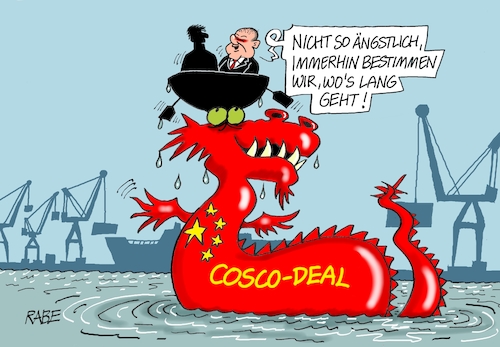 Cartoon: Cosco (medium) by RABE tagged china,peking,cosco,scholz,deal,hamburg,hafen,containerterminal,staatsunternehmen,anteile,widerstand,rabe,ralf,böhme,cartoon,karikatur,pressezeichnung,farbcartoon,tagescartoon,drachen,schiff,ruderboot,containerhafen,containerschiffe,staatskonzern,beteiligung,einstieg,abhängigkeit,russland,gas,vorbehalte,kritik,tollerort,hhla,china,peking,cosco,scholz,deal,hamburg,hafen,containerterminal,staatsunternehmen,anteile,widerstand,rabe,ralf,böhme,cartoon,karikatur,pressezeichnung,farbcartoon,tagescartoon,drachen,schiff,ruderboot,containerhafen,containerschiffe,staatskonzern,beteiligung,einstieg,abhängigkeit,russland,gas,vorbehalte,kritik,tollerort,hhla