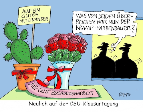 Cartoon: CSU Klausur (medium) by RABE tagged klausur,klausurtagung,kloster,seeon,csu,söder,seehofer,kramp,karrenbauer,cdu,annegret,akk,rabe,ralf,böhme,cartoon,karikatur,pressezeichnung,farbcartoon,tagescartoon,rosen,kaktus,einladung,überreichung,generalsekretärin,parteivorsitz,kanzlerkandidatin,klausur,klausurtagung,kloster,seeon,csu,söder,seehofer,kramp,karrenbauer,cdu,annegret,akk,rabe,ralf,böhme,cartoon,karikatur,pressezeichnung,farbcartoon,tagescartoon,rosen,kaktus,einladung,überreichung,generalsekretärin,parteivorsitz,kanzlerkandidatin