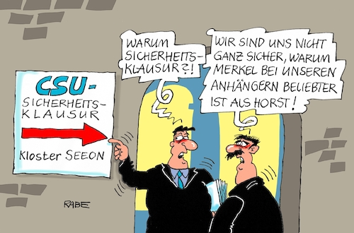 Cartoon: CSU Klausurtagung (medium) by RABE tagged csu,klausurtagung,sicherheitsklausur,wildbad,kreut,kloster,seeon,seehofer,horst,rabe,ralf,böhme,cartoon,karikatur,pressezeichnung,farbcartoon,tagescartoon,merkel,kanzlerin,beliebtheit,sicherheit,terrorgefahr,obergrenze,flüchtlingskrise,csu,klausurtagung,sicherheitsklausur,wildbad,kreut,kloster,seeon,seehofer,horst,rabe,ralf,böhme,cartoon,karikatur,pressezeichnung,farbcartoon,tagescartoon,merkel,kanzlerin,beliebtheit,sicherheit,terrorgefahr,obergrenze,flüchtlingskrise