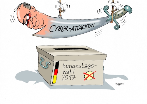 Cartoon: Cyberattacken (medium) by RABE tagged martin,schulz,spd,wahlkampf,bundestagswahl,beamte,rentenkasse,rabe,ralf,böhme,cartoon,karikatur,pressezeichnung,farbcartoon,tagescartoon,merkel,union,wahlprogramme,umfragewerte,wahlurne,wahlbeeinflussung,cyberangriffe,damoklesschwert,putin,russland,wahlergebnis,einflußnahme,martin,schulz,spd,wahlkampf,bundestagswahl,beamte,rentenkasse,rabe,ralf,böhme,cartoon,karikatur,pressezeichnung,farbcartoon,tagescartoon,merkel,union,wahlprogramme,umfragewerte,wahlurne,wahlbeeinflussung,cyberangriffe,damoklesschwert,putin,russland,wahlergebnis,einflußnahme