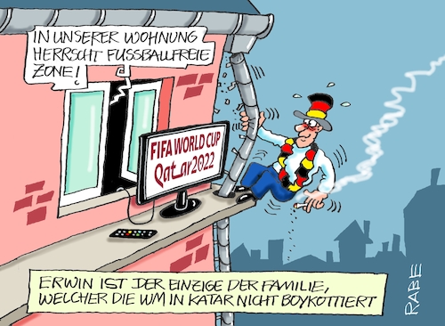 Cartoon: Dachhase (medium) by RABE tagged katar,fussbal,wm,weltmeisterschaft,sport,wüstenstaat,boykott,menschenrechte,scheichs,fifa,rabe,ralf,böhme,cartoon,karikatur,pressezeichnung,farbcartoon,tagescartoon,fußballfan,tv,berichterstattung,dach,dachrinne,fenstersims,katar,fussbal,wm,weltmeisterschaft,sport,wüstenstaat,boykott,menschenrechte,scheichs,fifa,rabe,ralf,böhme,cartoon,karikatur,pressezeichnung,farbcartoon,tagescartoon,fußballfan,tv,berichterstattung,dach,dachrinne,fenstersims