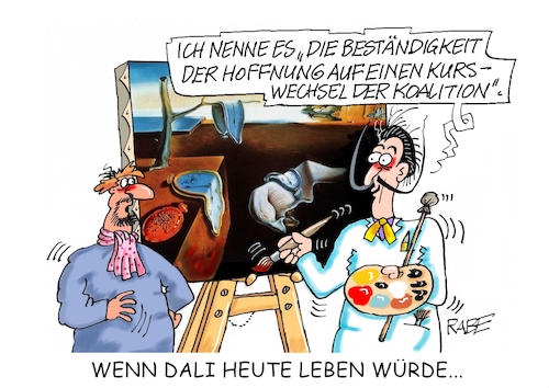 Cartoon: Dali malt (medium) by RABE tagged merz,kanzler,koalition,union,spd,klingbeil,cartoon,karikatur,pressezeichnung,farbcartoon,tagescartoon,db,bahn,frühling,frühjahr,frühjahrsputz,ice,zug,blumenkasten,blumenkästen,bas,tankrabatt,rezession,wahlversprechen,schulden,maler,künstle,kunst,palette,pinsel,leinwand,surrealismus,surrealist,uhr,fluß,merz,kanzler,koalition,union,spd,klingbeil,cartoon,karikatur,pressezeichnung,farbcartoon,tagescartoon,db,bahn,frühling,frühjahr,frühjahrsputz,ice,zug,blumenkasten,blumenkästen,bas,tankrabatt,rezession,wahlversprechen,schulden,maler,künstle,kunst,palette,pinsel,leinwand,surrealismus,surrealist,uhr,fluß