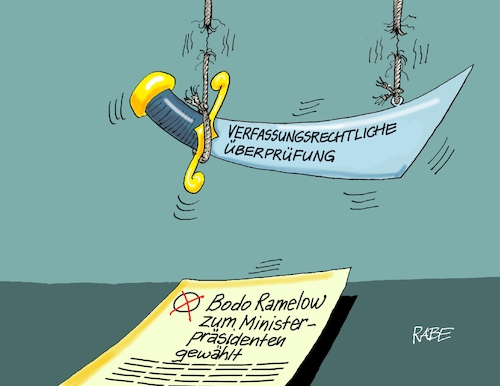 Cartoon: Damoklesschwert (medium) by RABE tagged landtagswahl,thüringen,erfurt,ramelow,kemmerich,fdp,akk,rücktritt,höcke,minderheitsregierung,kanzleramt,domino,dominospiel,cdu,dominosteine,hirte,afd,schraubstock,unvereinbarkeitsbeschluss,damoklesschwert,verfassung,oberlandesgericht,verfassungsgericht,klage,richter,verfassungsklage,landtagswahl,thüringen,erfurt,ramelow,kemmerich,fdp,akk,rücktritt,höcke,minderheitsregierung,kanzleramt,domino,dominospiel,cdu,dominosteine,hirte,afd,schraubstock,unvereinbarkeitsbeschluss,damoklesschwert,verfassung,oberlandesgericht,verfassungsgericht,klage,richter,verfassungsklage