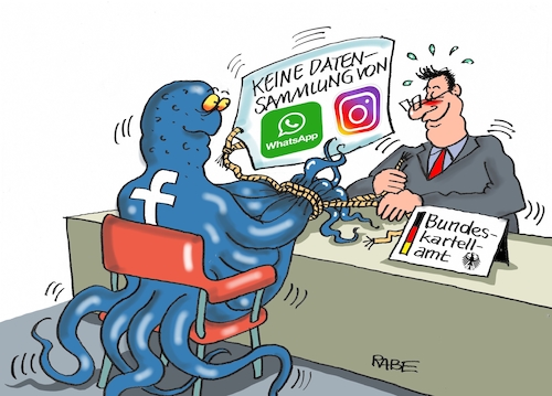 Cartoon: Datenkrake (medium) by RABE tagged bundeskartellamt,facebook,whatsapp,instagram,datenklau,datenmissbrauch,krake,kopffüßer,rabe,ralf,böhme,cartoon,karikatur,pressezeichnung,farbcartoon,tagescartoon,datensammlung,beschränkung,sammelwut,bundeskartellamt,facebook,whatsapp,instagram,datenklau,datenmissbrauch,krake,kopffüßer,rabe,ralf,böhme,cartoon,karikatur,pressezeichnung,farbcartoon,tagescartoon,datensammlung,beschränkung,sammelwut